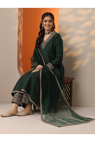 Libas By Styli Green Self Design Silk Blend Anarkali Kurta, Trousers And Dupa...