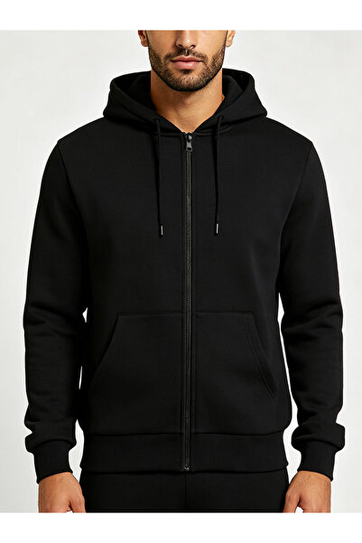 Take Two By Styli Black Zip-Up Plain Hoodie