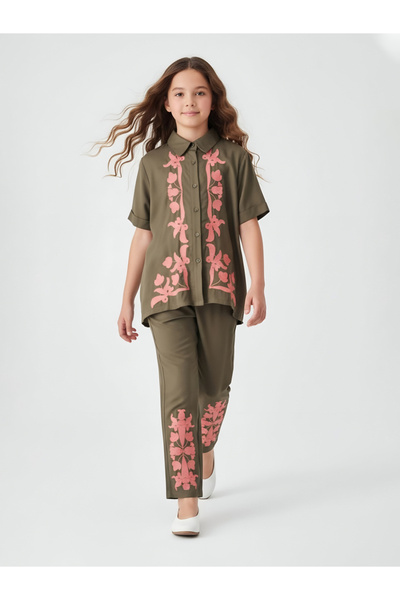 Bella Moda By Styli Girls Green Embroidered Short Sleeves Shirt And Trousers Set