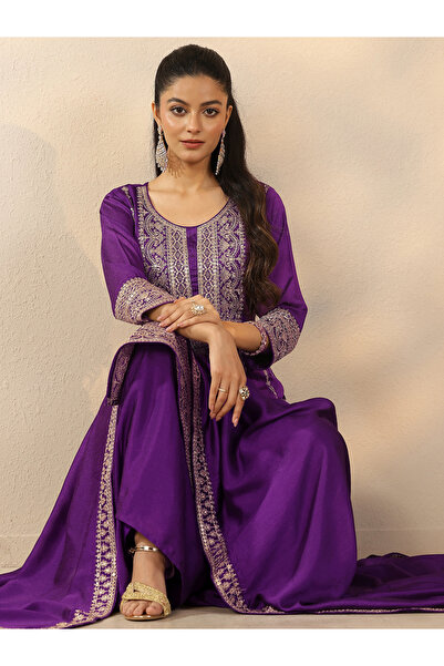 Libas By Styli Purple Embroidered Silk Blend Straight Kurta, Sharara And Dupa...