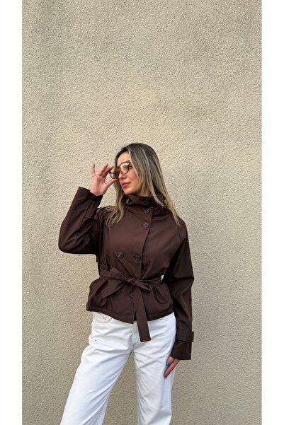 BELİS WEAR Women's Stand Collar Back Windbreaker Detailed Belted Short Trench...