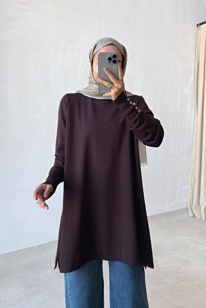 Ka Hijab Manşet Detaylı Merserize Tunik - Kahverengi