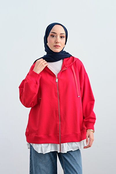 LOCCO Kadın Etek Ve Fırfır Detay Çift Renk Sweatshirt Kırmızı