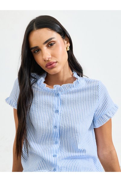 Take Two By Styli Striped Short Sleeve Ruffle Shirt