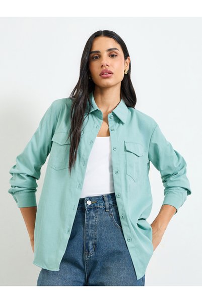 Take Two By Styli Olive Green Long Sleeve Utility Shirt