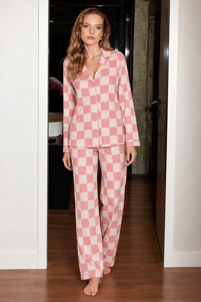 Mindy Women's Long Sleeve Buttoned Patterned Pink Pajama Set