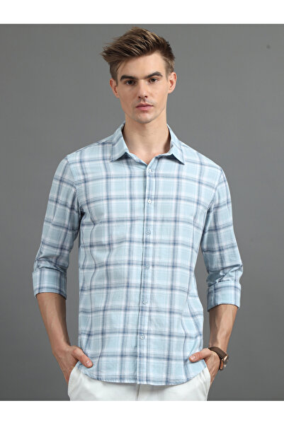 Bushirt By Styli قميص بوشيرت أزرق فاتح بأكمام طويلة ونقشة مربعات