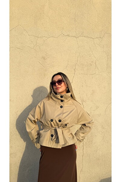 BELİS WEAR Women's Stand Collar Back Windbreaker Detailed Belted Short Trench...