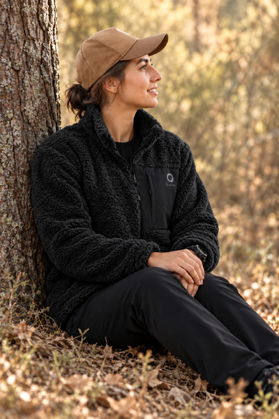 TKT Women's Oversize Zippered 3-Pocket Welsoft Plush Fleece Black Jacket