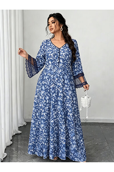 Take Two By Styli Blue Floral Print Lace Details A-Line Maxi Dress