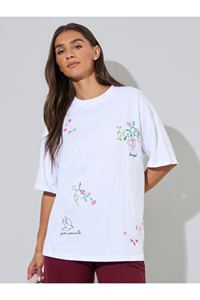 Styli White Embroidered Round Neck Oversized T-Shirt