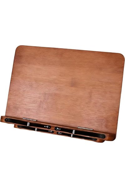 NUANRONGGE Bamboo Book Stand, foldable wooden cookbook stand with page clips,...