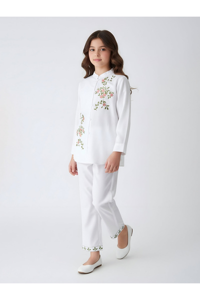 Bella Moda By Styli Girls White Embroidered Shirt And Trousers Set