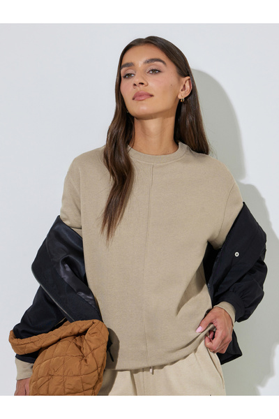 Styli Beige Solid Round Neck Regular Fit Sweatshirt