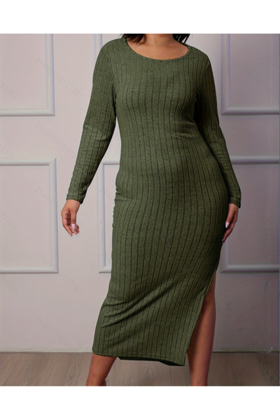 Take Two By Styli Womens Plus Size Long Sleeve Ribbed Green Nightdress