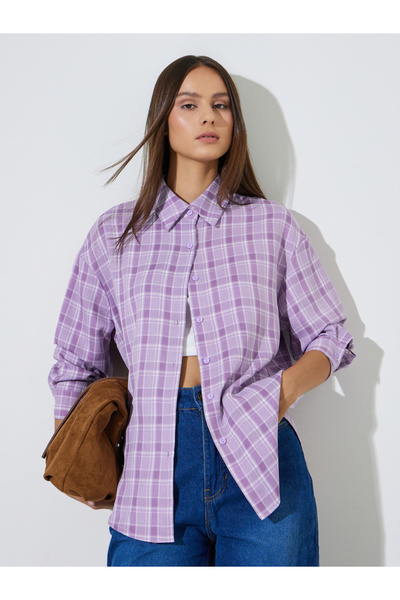 Styli Lilac Checked Longline Oversized Shirt