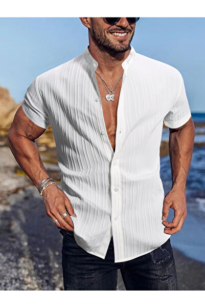 Take Two By Styli Men Textured Stand Collar Casual Shirt