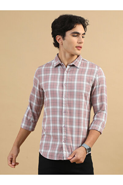 Bushirt By Styli قميص بوشيرت وردي فاتح بأكمام طويلة ونقشة مربعات