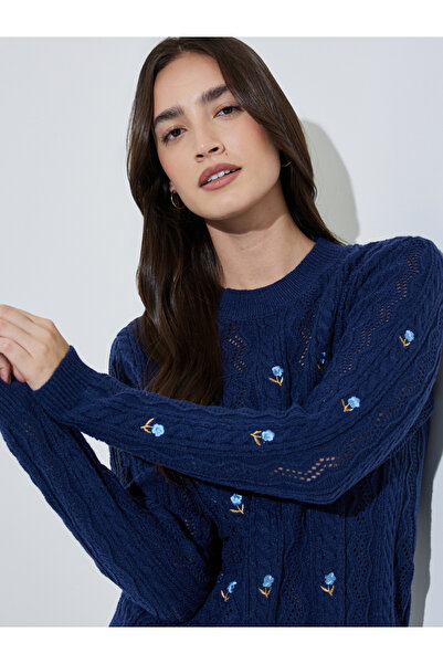 Styli Navy Blue Floral Embroidered Cable Knit Sweater