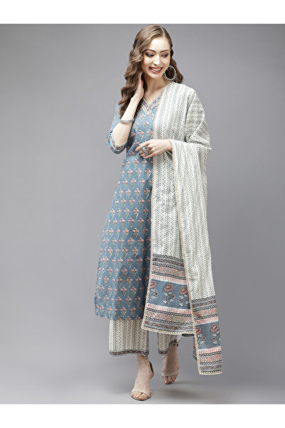 Libas By Styli Multi Printed Cotton Straight Kurta, Palazzo And Dupatta Set