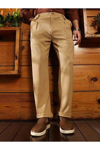 Campus Sutra By Styli Men Beige Twill-Pleat Trousers