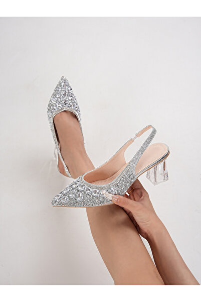 Take Two By Styli Silver Rhinestone Pointed Toe Slingback High Heel Sandals
