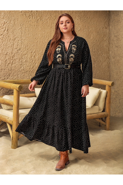 Take Two By Styli Plus Size A-Line Maxi Dress In Burgundy With Polka Dots