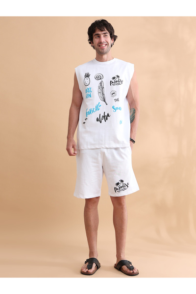 Bushirt By Styli Men White Printed Sleeveless T-Shirt And Shorts Co-Ords Set