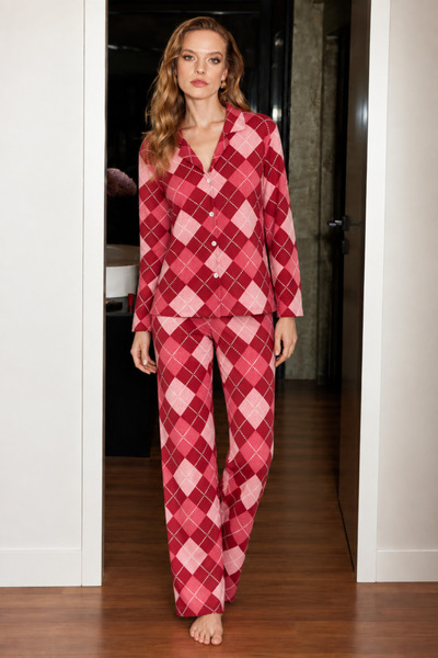 Mindy Set de pijamale roșii cu mâneci lungi și nasturi pentru femei