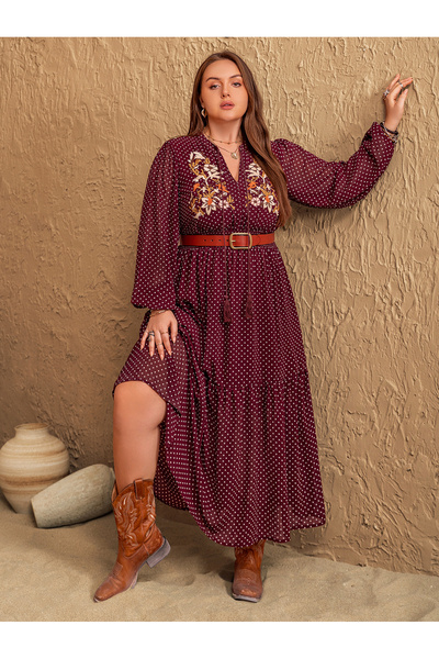 Take Two By Styli Plus Size A-Line Maxi Dress In Burgundy With Polka Dots