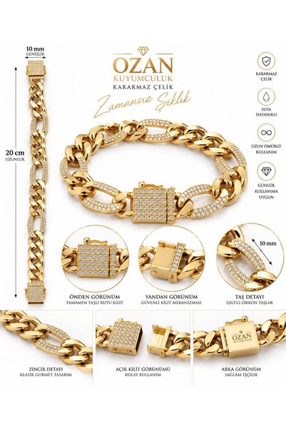 OZAN KUYUMCULUK Gold Renk Zirkon Taşlı Gurmet Kadın Bileklik – 10 mm – Özel T...