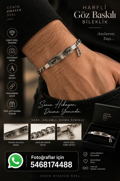 Satürn Silver Kuyumculuk Kişiye Özel Harfli Göz Baskılı Kararmaz Çelik Bileklik