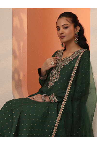 Libas By Styli Printed Silk Blend Anarkali Kurta, Trousers And Dupatta Set