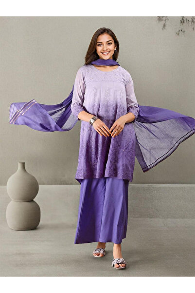 Ishin By Styli 3-Piece Ombre Look Cotton Straight Kurta, Pants and Dupatta Set