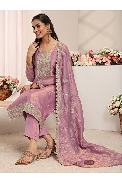 Libas By Styli Mauve Embroidered Organza Straight Kurta With Trouser And Dupa...