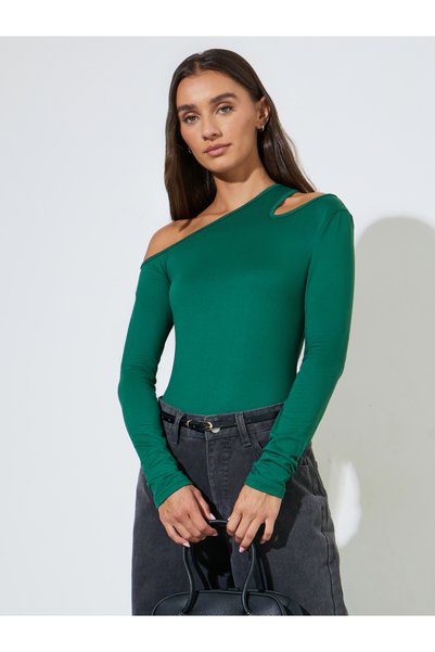 Styli Dark Green Cut Out Detail Long Sleeve T-Shirt