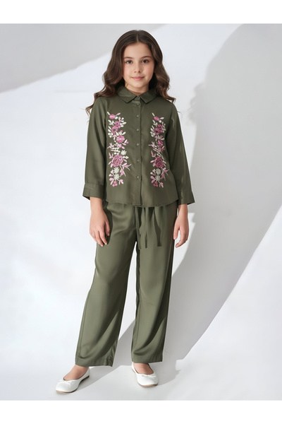 Bella Moda By Styli Girls Dark Green Floral Embroidered Shirt And Trousers Set