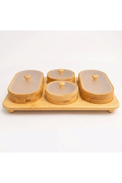 HOME MODE Bamboo Serving Tray with 4 Compartment Bowls & Lids - Decorative Wo...