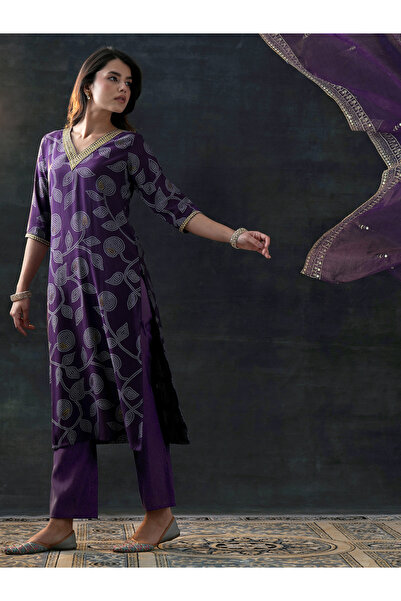 Libas By Styli Purple Embroidered Silk Blend Straight Kurta, Trousers And Dup...