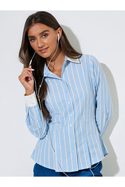 Styli Blue Striped Contrast Trims Pleated Details Fitted Shirt
