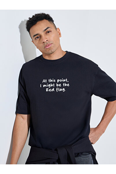 Styli Black Slogan Print Crew Neck Oversized T-Shirt