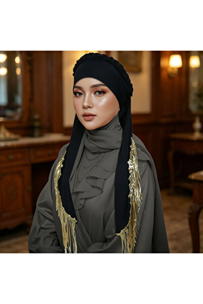 Take Two By Styli Black Plain Headscarf with Gold Fringe