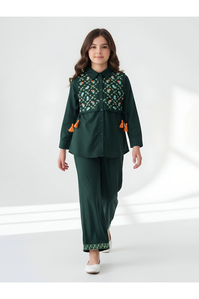 Bella Moda By Styli Girls Dark Green Embroidered Tassel Details Shirt And Tro...