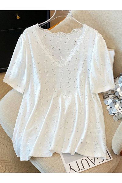 Take Two By Styli Plus White Eyelet Short Sleeve T-Shirt