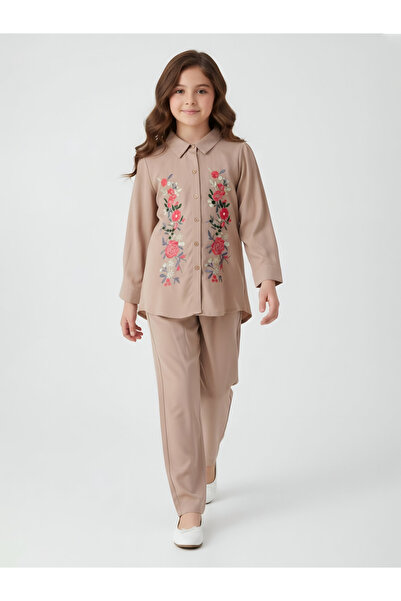 Bella Moda By Styli Girls Beige Floral Embroidered Shirt And Trousers Set