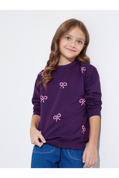 Styli Girls Purple Bow Print Regular Fit Sweatshirt