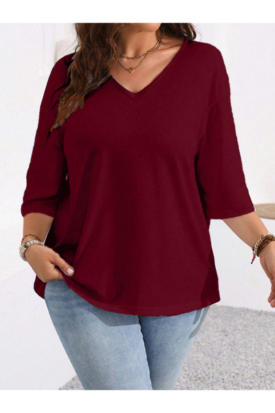 Take Two By Styli Plus Size Burgundy 3/4 Sleeve V-Neck T-Shirt