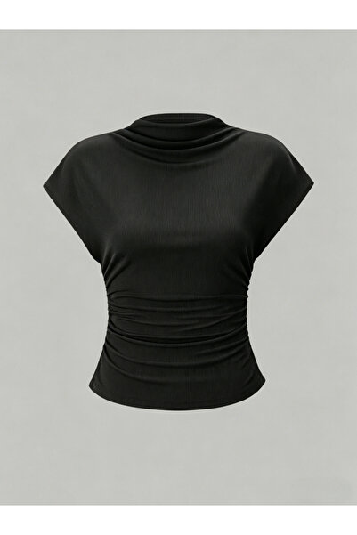 Take Two By Styli Black Ruched Short-Sleeve Top With Draped Neck