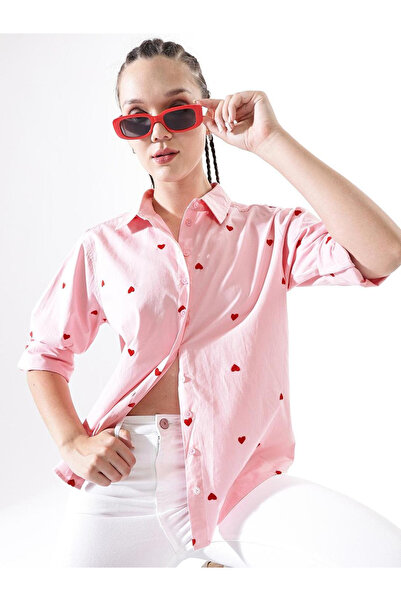Hubberholme By Styli Pink Oversized Heart Embroidered Casual Shirt