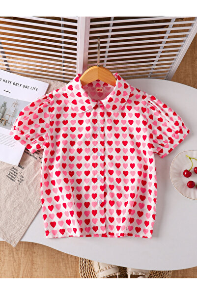 Take Two By Styli Girls Heart Print Collared Short Sleeve Shirt